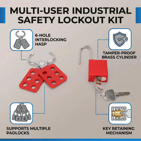 Heavy Duty Industrial Safety Lockout Tagout Kit with tamper-proof hasp and six hole interlocking system, shown with padlocks