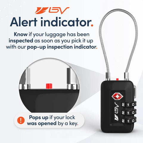 Keyless 3Digit Travel Lock Set For Luggage And More, black lock with alert indicator, pop-up orange signal for TSA inspection