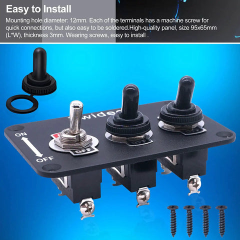 Beefy Three Gang Rocker Toggle Switch Panel With Aluminum Plate Waterproof Boot Cap Cover 16A 250V AC And 12V DC SPST 2 Pin