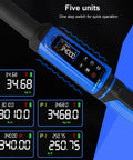Close-up of Digital Torque Wrench Half Inch Drive 3.8 to 250.8 Ft-Lb 5 to 340 Nm Garage-Ready Electronic Torque Tool with LCD display.