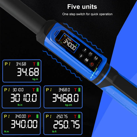 Close-up of Digital Torque Wrench Half Inch Drive 3.8 to 250.8 Ft-Lb 5 to 340 Nm Garage-Ready Electronic Torque Tool with LCD display.