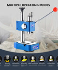 Shop Ready Heavy Duty Arbor Press Built Like A Tank With Ductile Iron Base And High Lift Design For Smooth Manual Punching And Metalwork Tasks in blue color with various operating modes.