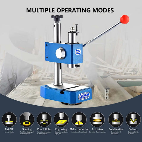 Shop Ready Heavy Duty Arbor Press Built Like A Tank With Ductile Iron Base And High Lift Design For Smooth Manual Punching And Metalwork Tasks in blue color with various operating modes.