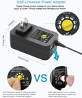 All-In-One 30W Universal Power Adapter With Adjustable DC Output 3V To 12V, 2.5A Max, 14 Tips, 5V 2.1A USB Port, 4.9Ft Cord