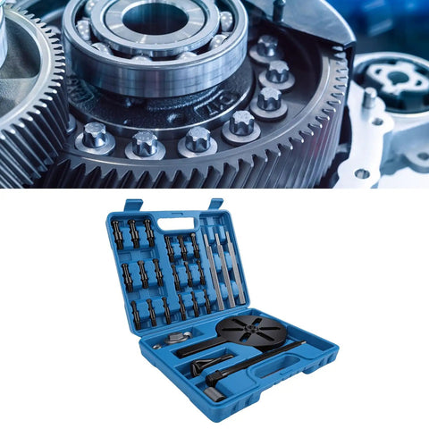 Rock Solid Steel Bearing Puller Set For Auto Wheel Hub Repair With Pro Extractor Tool 33 Piece Kit, blue case open