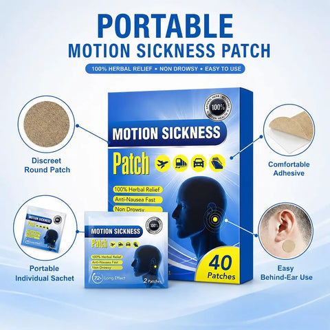 Motion Sickness Patches 40 Count Non Drowsy Relief For Travel By Car, Plane, Or Cruise Ships Lasts 72 Hours Mint Scent With Breathable Adhesive Backing Easy On Skin For Adults And Kids Aged 4 Plus Must Have Travel Gear, box and sachet