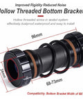 Hollow threaded bottom bracket, 68-73mm, 96mm length, for MTB, enhances rigidity, reduces noise, waterproof, easy install.