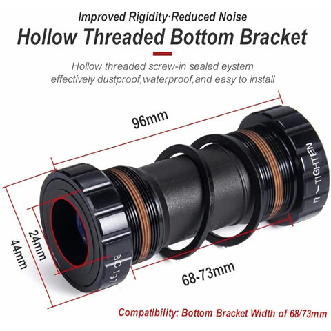 Hollow threaded bottom bracket, 68-73mm, 96mm length, for MTB, enhances rigidity, reduces noise, waterproof, easy install.