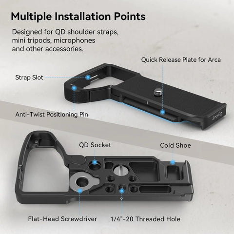Multiple installation points on baseplate for Sony A7 V A7R V A7 IV with quick release plate and Arca compatible QD interface.