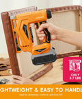 Badass Three In One Cordless Staple Gun And Brad Nailer Hella Versatile Power Tool, lightweight, being used for upholstery.
