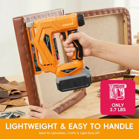 Badass Three In One Cordless Staple Gun And Brad Nailer Hella Versatile Power Tool, lightweight, being used for upholstery.