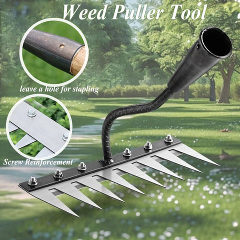 Upgrade Iron Weeding Rake 2.0 With Eight Teeth Manual Weeder showing steel head, screw reinforcement, and ergonomic design