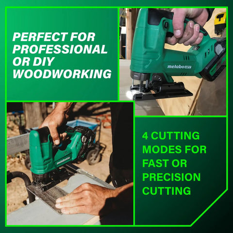 Lightweight 18V Cordless Jig Saw With 2,500 SPM, Four Cutting Modes, Tool-Less Blade Change, LED Light, Dust Blower in use.