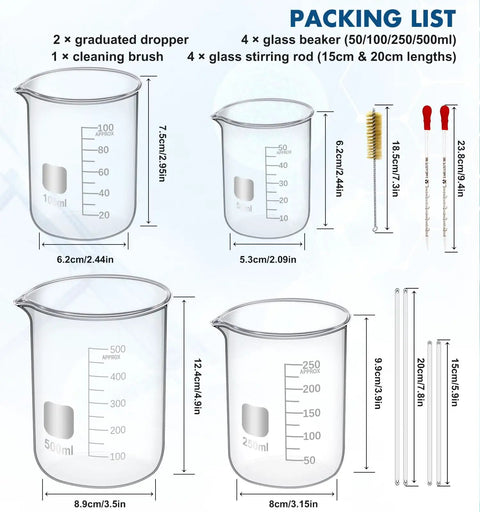 Image showing Must Have Glass Labware Starter Kit For Home Lab And Classroom Beakers 50 100 250 500ml, droppers, rods, brush.