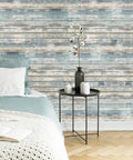 Bedroom with wall covered in Rustic Wood Look Contact Paper Peel And Stick Self Adhesive Wallpaper For Furniture And Countertops Waterproof.