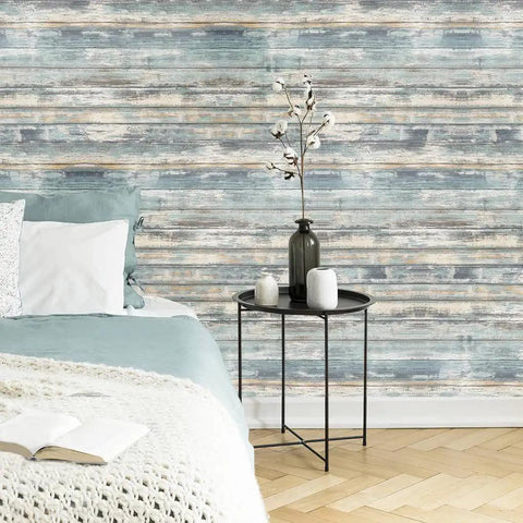 Bedroom with wall covered in Rustic Wood Look Contact Paper Peel And Stick Self Adhesive Wallpaper For Furniture And Countertops Waterproof.