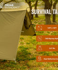 Beefy Waterproof 10x10 Camping Tarp Emergency Shelter set up in forest, made of 70D Ripstop Nylon with reflective coating visible