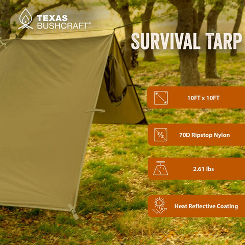 Beefy Waterproof 10x10 Camping Tarp Emergency Shelter set up in forest, made of 70D Ripstop Nylon with reflective coating visible