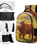 White Face Highland Cattle Pasture Print Backpack for Everyday Use, unisex large capacity daypack with smooth zipper detail