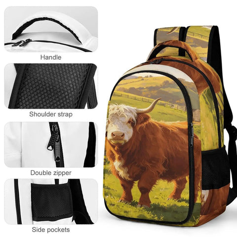 White Face Highland Cattle Pasture Print Backpack for Everyday Use, unisex large capacity daypack with smooth zipper detail