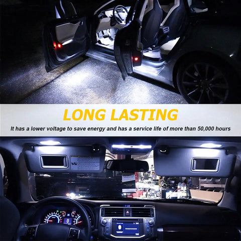 Car interior illuminated by 42 Piece Car Interior LED Light Kit 194 LED Bulbs DE3175 T10 31mm 41mm Dome Map Door Tail Light License Plate Universal Fit For Most Vehicles Easy Install