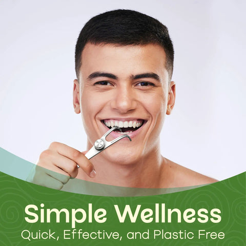 Smiling person using Compatible With Floss Refills Refillable Stainless Steel Dental Floss Holder with Reusable Floss Pick
