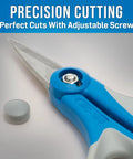 Close-up of Kevlar Friendly Ergonomic Fiber Optic Cutter 6 Inch Pro Grade Shears with adjustable screw and blue handle