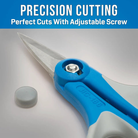 Close-up of Kevlar Friendly Ergonomic Fiber Optic Cutter 6 Inch Pro Grade Shears with adjustable screw and blue handle