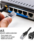 Plugging a Cat6 RJ45 Ethernet cable into a router, image shows two pack Ethernet extension cables Cat6 patch cord 1 ft RJ45 male to female.