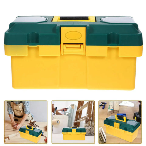 Rock Solid Portable Plastic Toolbox Organizer With Smart Compartments For Easy Carry And Outdoor Use in bright yellow and green.
