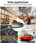 Six Pack 150W LED High Bay Light illuminating warehouse, factory, barn, and garage spaces, showcasing versatile applications.