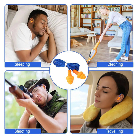Straight Up Noise Dampening Earplugs Bulk Pack Of One Thousand Corded Silicone Picks With Attached Strings And A Trusted Twenty Five Decibel Rating For Easy Living Reusable Chill Vibes In Bright Blue And Orange Colors used during sleeping, cleaning, shooting, and traveling.