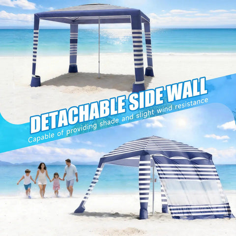 Eight By Eight Foot Beach Cabana Tent With Sun Shield UPF 50 Plus Foldable Outdoor Canopy, striped design with detachable side wall