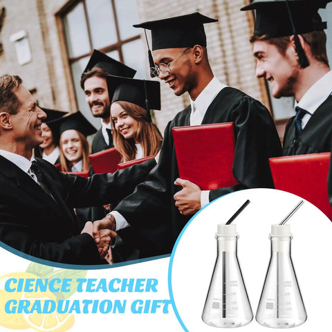 Two Pack Eight Point Five Ounce Glass Erlenmeyer Flasks Drinking Glasses For Cocktails And Coffee set shown with graduates