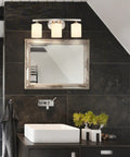 Three Light Vanity Light Fixture In Brushed Nickel With White Glass Shades For Bathroom Vanity Lighting 21 Inches Long E26 Base Delivers Dope Sleek Modern Look For Any Bath.