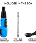 Cordless Power Screwdriver With Auto Lock One Quarter Inch Hex Chuck, USB Rechargeable Li Ion Battery, includes bits and charger
