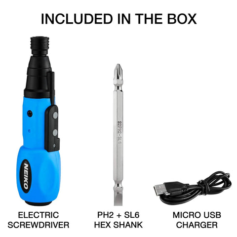 Cordless Power Screwdriver With Auto Lock One Quarter Inch Hex Chuck, USB Rechargeable Li Ion Battery, includes bits and charger