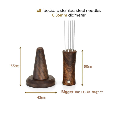 Espresso WDT Tool V2.0 With Built In Magnet And Stand Walnut Wood Distribution Tool For Precise Tamping And Even Extraction Includes Eight Stainless Steel Needles 0.35mm For Fast Consistent Coffee Prep Barista Favorite Gear, visual showing walnut wood handle with eight stainless steel needles and separate stand.