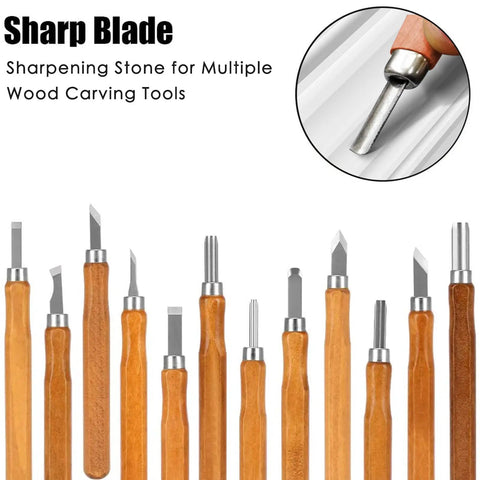 Assorted wood carving tools with sharp blades, showcasing 1000 grit whetstone sharpening effectiveness for detailed carving.