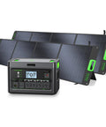 Workhorse 2400W Portable Power Station Paired With Two 200W Solar Panels for camping and emergencies with LCD monitor.