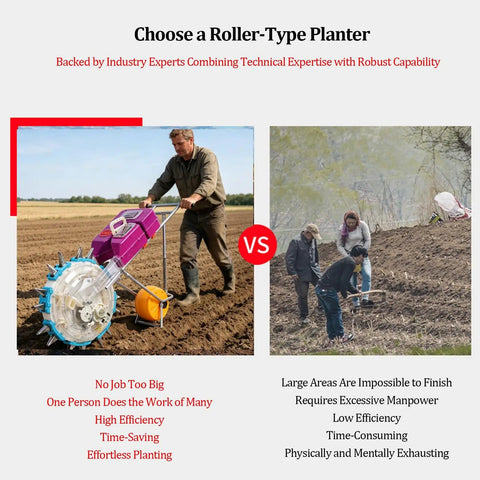 Man using Hand Push Garden Seeder For Corn Soybean Peanut Cotton With Depth Adjustable Manual Planter And Fertilizer Applicator