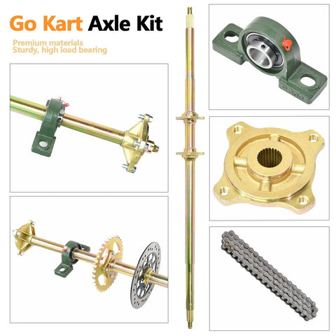 Heavy Duty 44 Inch Rear Axle Kit For Go Karts With Brake Caliper And Disc 37T Sprocket 530 Chain Pillow Block Bearings shown