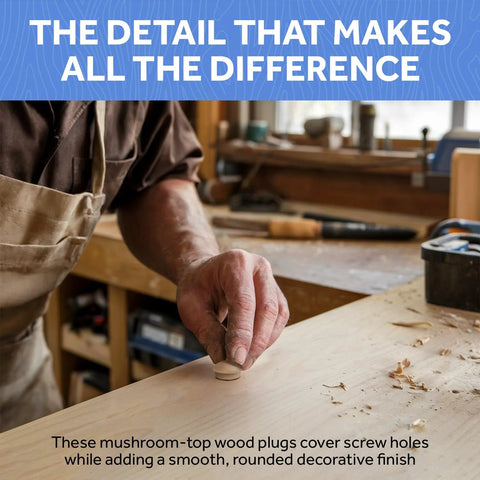Craftsman installing Three Eighth Inch Maple Wood Hole Plugs Pack Of 100 Button Top Plugs on wooden surface in workshop.