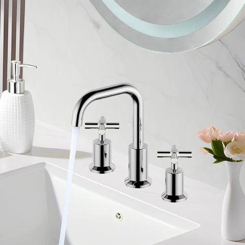 Two Handle Widespread Bathroom Faucet For 8 Inch Sink 3 Hole Mount Polished Chrome Finish With Push Up Pop Up Drain Water