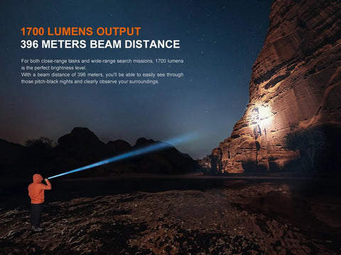 Person using PD36R V2.0 1700 Lumen USB Type C Rechargeable EDC Tactical Flashlight in a rocky outdoor area at night