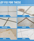 Examples of chips, muds, scratches, cracks, spots, and nicks on tiles repaired by White Tub And Tile Touch Up Paint Pen For Porcelain And Enamel Surfaces To Fix Scratches Chips Spots On Bathtubs Sinks Toilets Refrigerators And Other Areas Quick Dry Long Lasting 1.5 Fl Oz