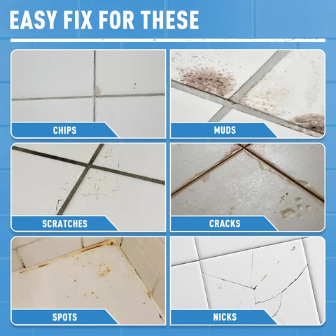 Examples of chips, muds, scratches, cracks, spots, and nicks on tiles repaired by White Tub And Tile Touch Up Paint Pen For Porcelain And Enamel Surfaces To Fix Scratches Chips Spots On Bathtubs Sinks Toilets Refrigerators And Other Areas Quick Dry Long Lasting 1.5 Fl Oz