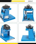 Kickass 10kg Rotary Welding Positioner Turntable with Adjustable 0 To 90 Degree Angle, showing multiple angles of the blue chuck.