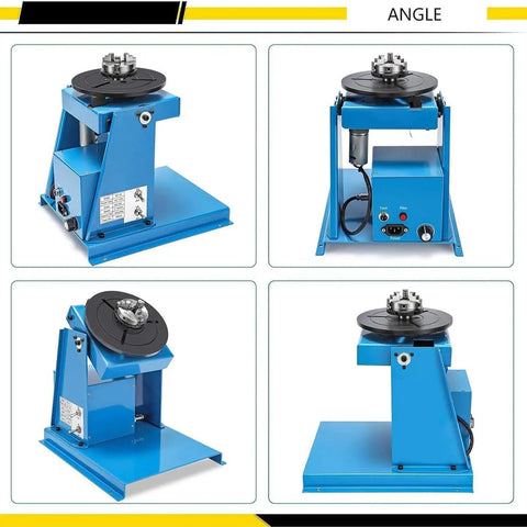 Kickass 10kg Rotary Welding Positioner Turntable with Adjustable 0 To 90 Degree Angle, showing multiple angles of the blue chuck.