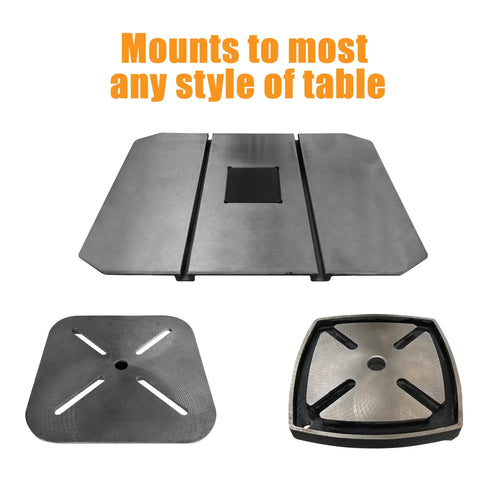 Rock Solid Heavy Duty Drill Press Table With Hella Stable Vibration Damping Platform Built Tough For Woodworking And Metalworking Featuring Ultra Dense Base And Smooth Operator Work Surface, showing mountable table parts.